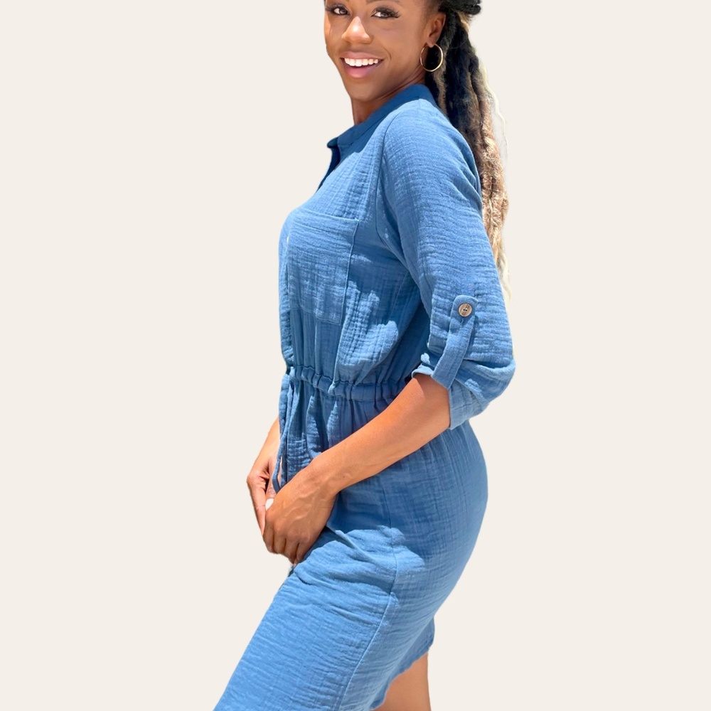 Gauze (100% Cotton) Shirt Dresses  - Blue, Black and White